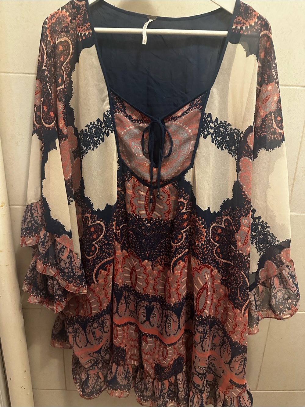 Free People Tie-Front Bat Wing Dress in Navy & Coral